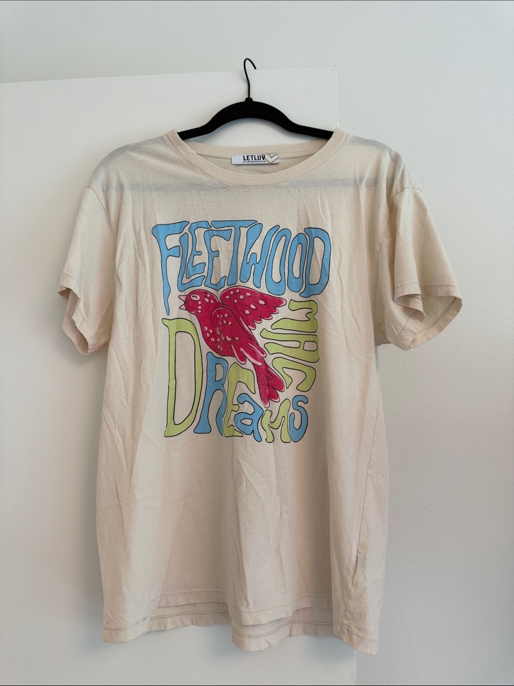 Anthropologie Cream Tee with Pink Bird & Blue-Green Lettering